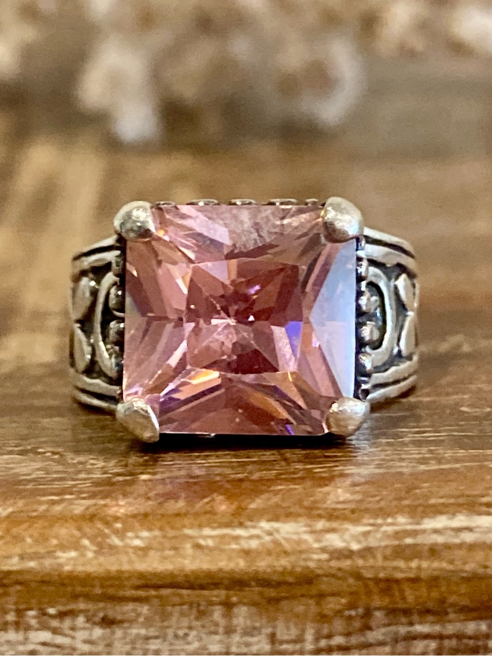 Silver Tone Statement Ring with Square Pink Center • Size 6.25